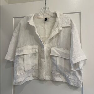 H&M White Short-Sleeve Linen Shirt Jacket